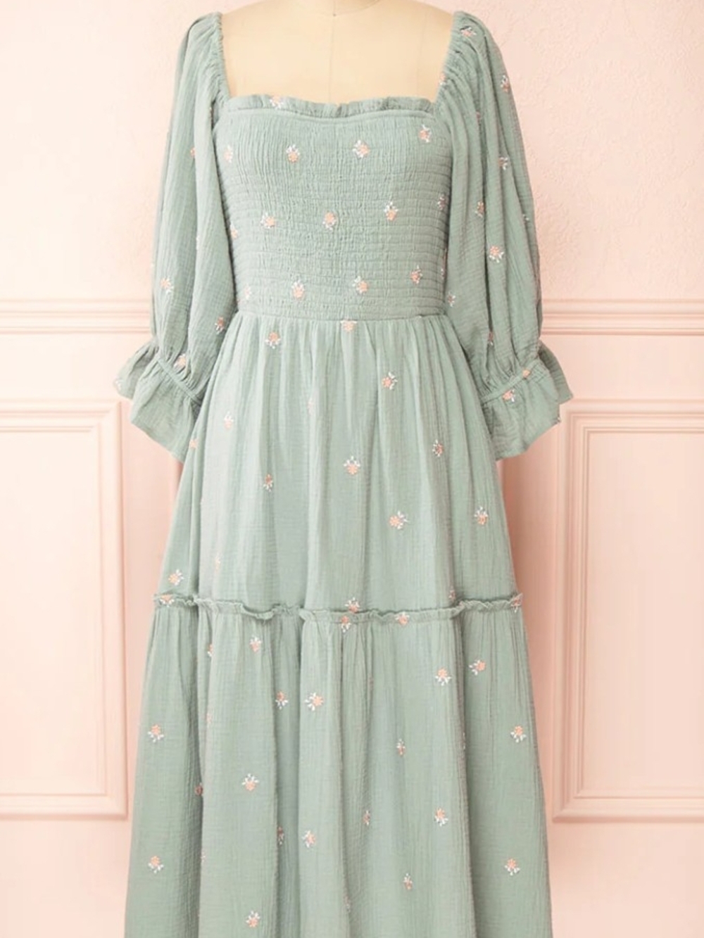 Smocked Square-Neck Maxi Dress in Sage Green